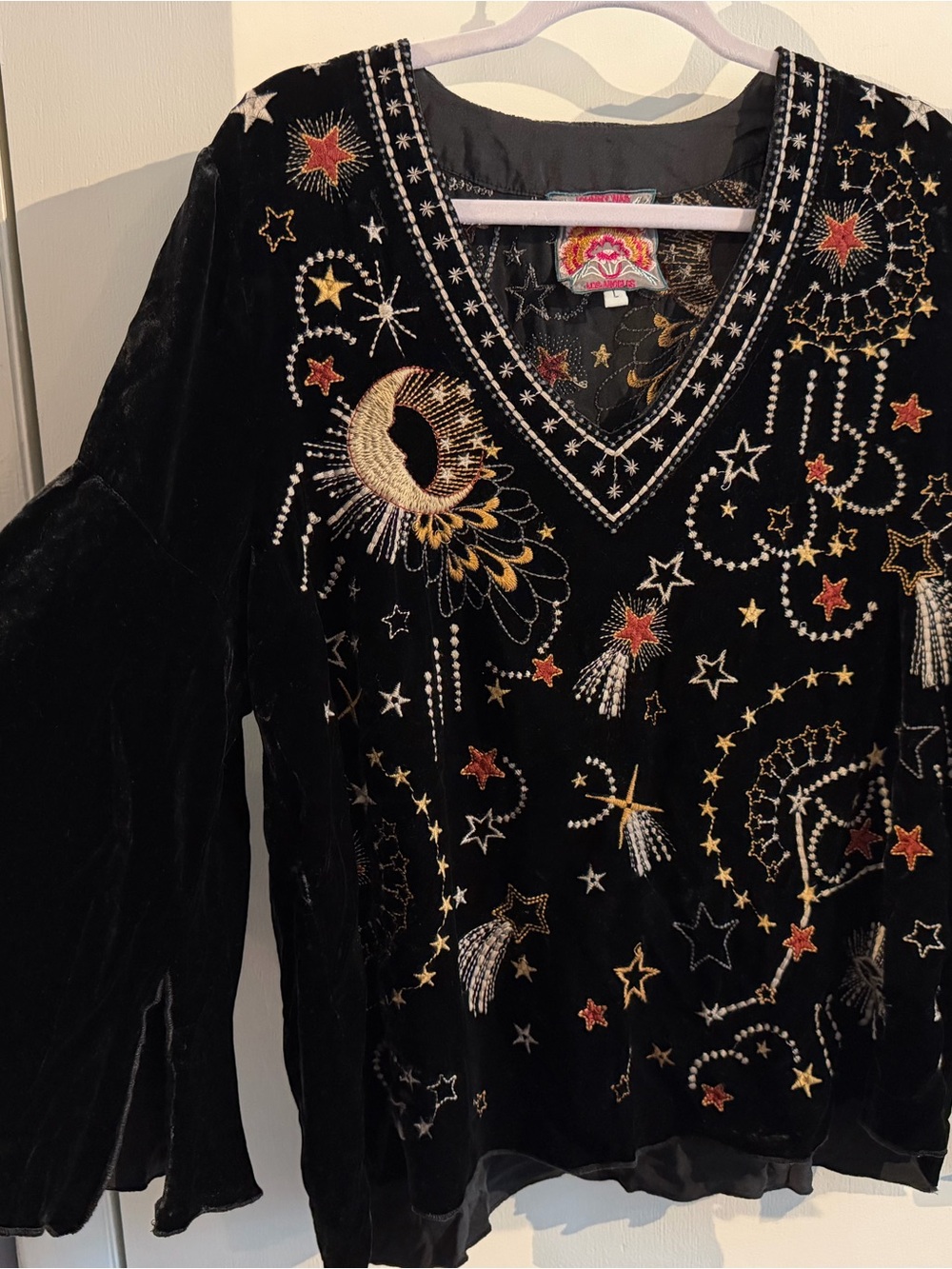 Johnny Was Black Velvet V-Neck Tunic with Gold & Rust Celestial Embroidery